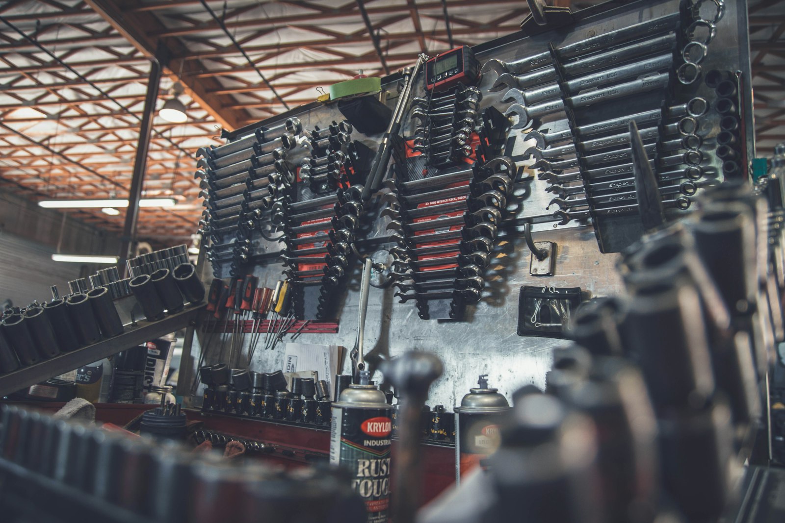 Wall of professional tools in the workshop